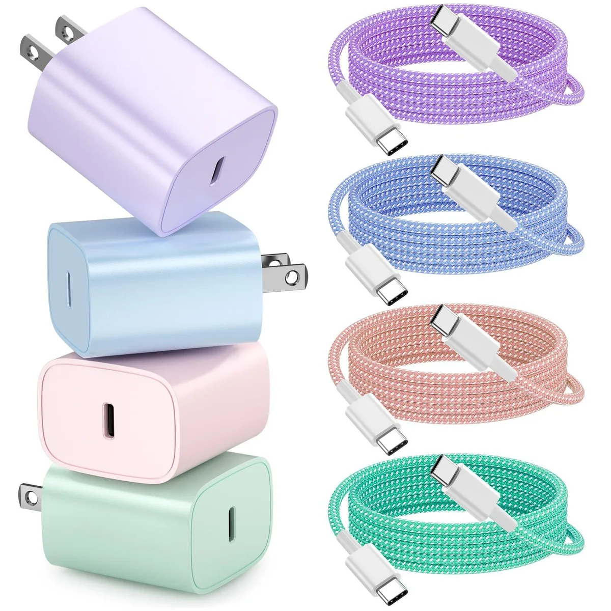 Four white USB-C wall chargers with matching six-foot cables laid flat