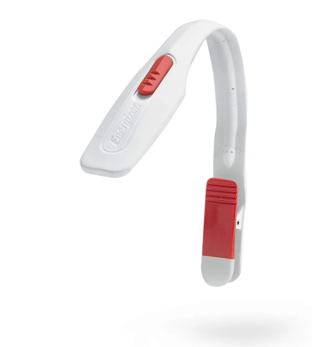White clip-on LED book light with flexible neck and spring clip, includes two CR2032 batteries