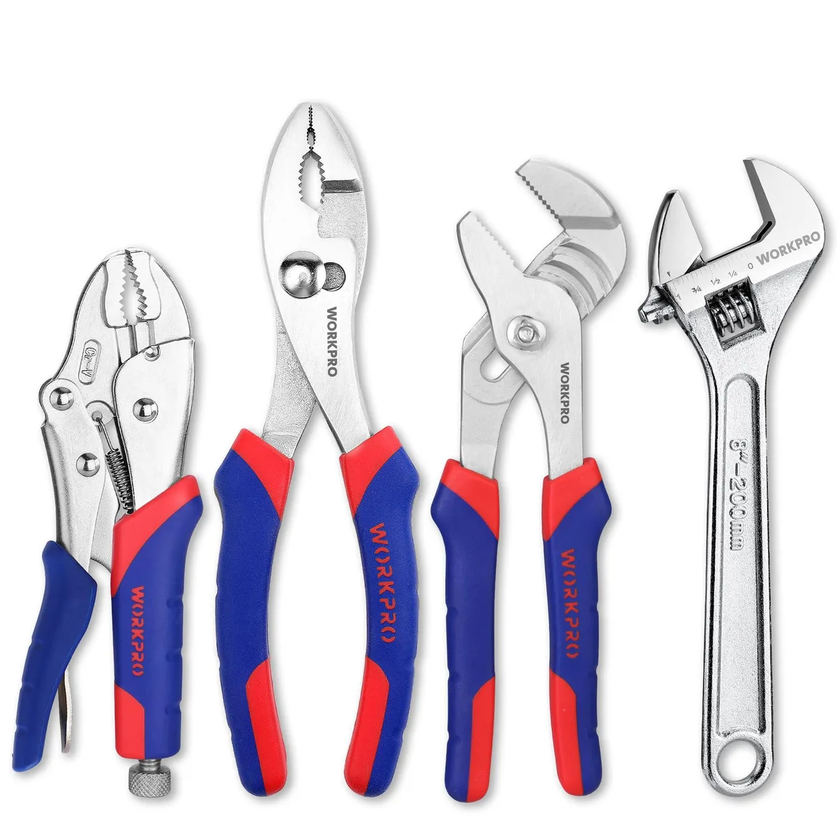 Four-piece pliers and wrench set with blue bi-material handles on steel bodies