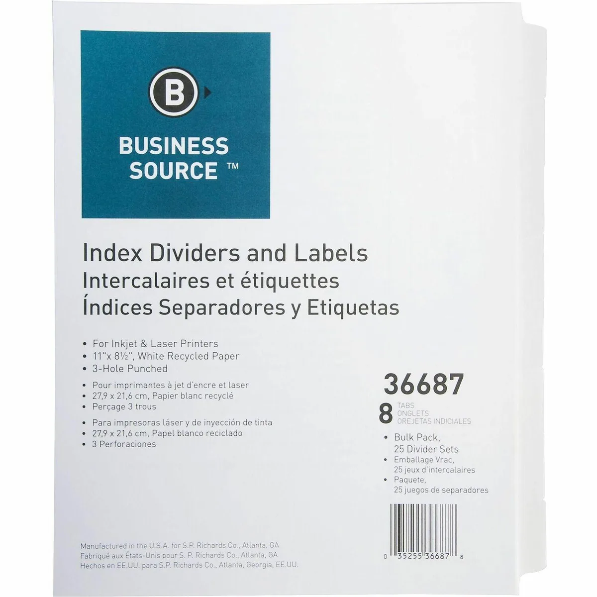 Business Source Business Source 36687 Index Dividers 8-Tab 25 Sets White — product photo