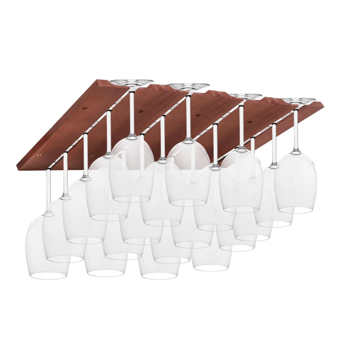 Pine wood wine glass holder with four adjustable rows in wine red finish
