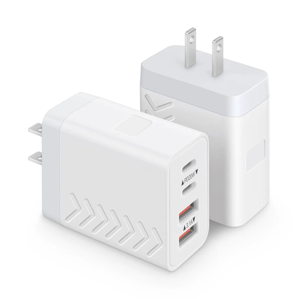 Two compact white wall chargers each with two USB-C and two USB-A ports
