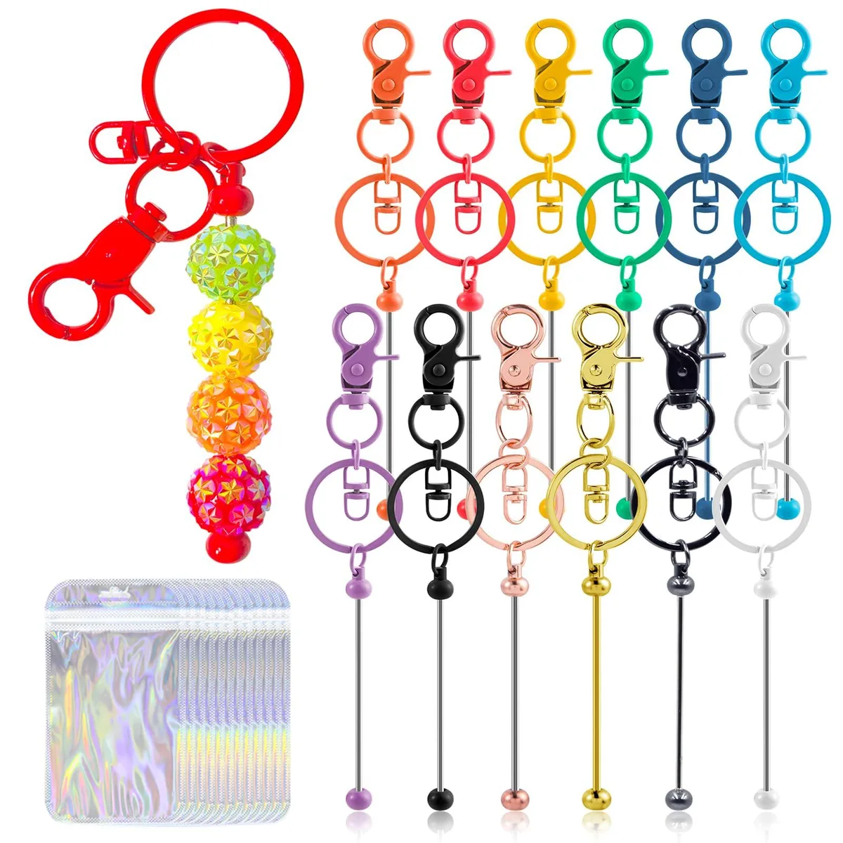 24 stainless steel beadable keychain bars in 12 colours with 12 storage bags