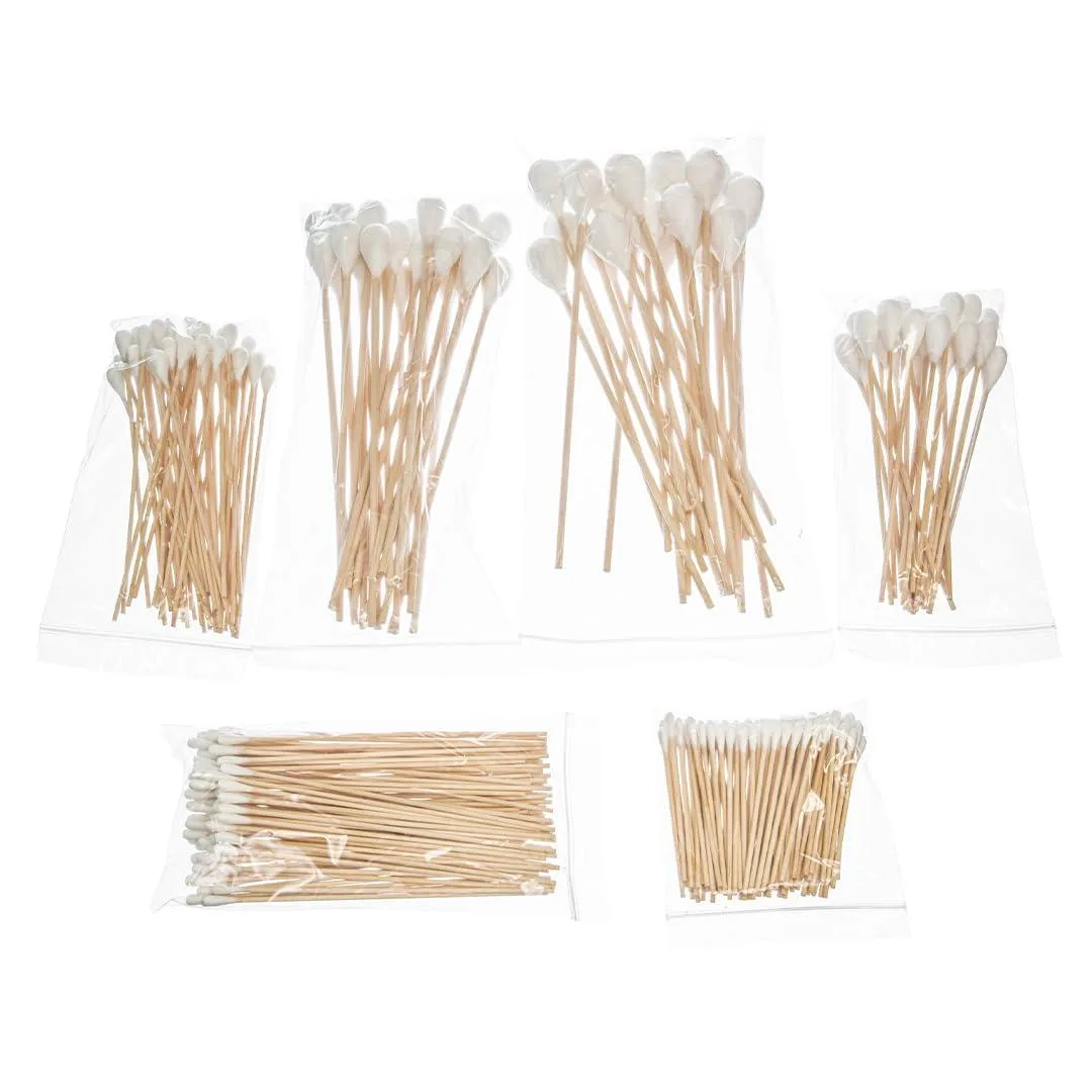 Clear plastic box holding 325 wooden cotton swabs in assorted tip sizes and lengths