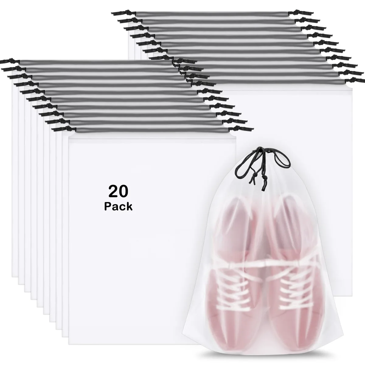 Twenty translucent plastic drawstring shoe bags stacked together, 15.7 by 11.8 inches