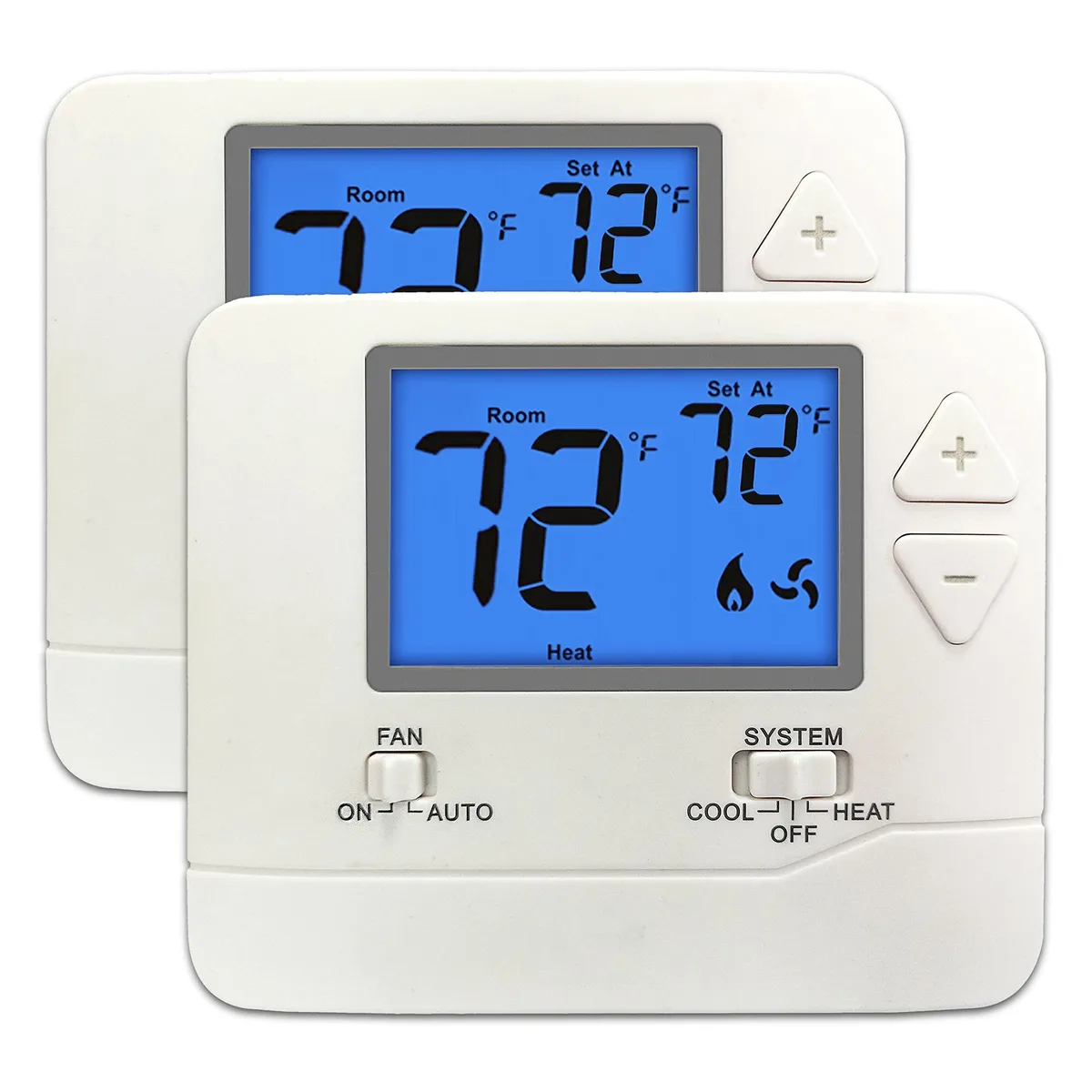Two white rectangular wall thermostats with 4.5 inch backlit LCD screens and large push buttons