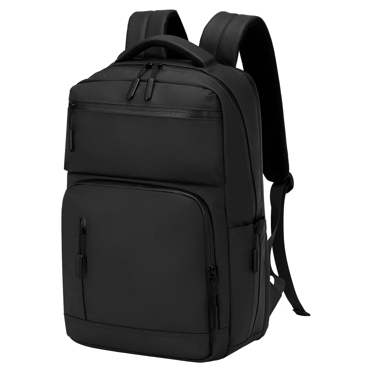 Black polyester laptop backpack, boxy shape, top handle, padded straps, 16.5 inches tall