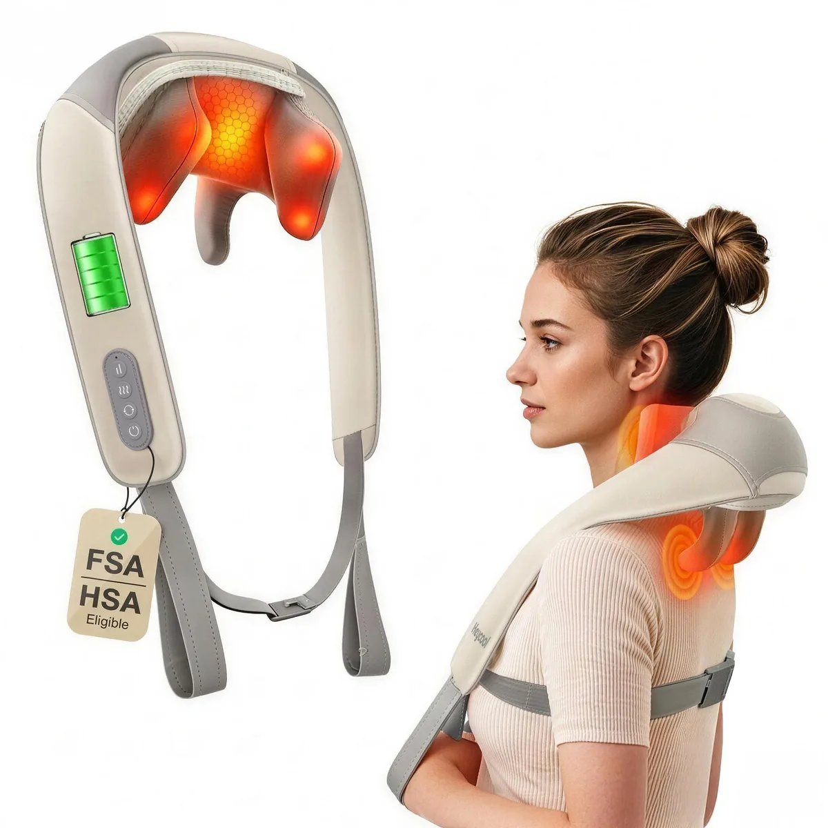Khaki cordless wrap-around neck massager with shiatsu nodes