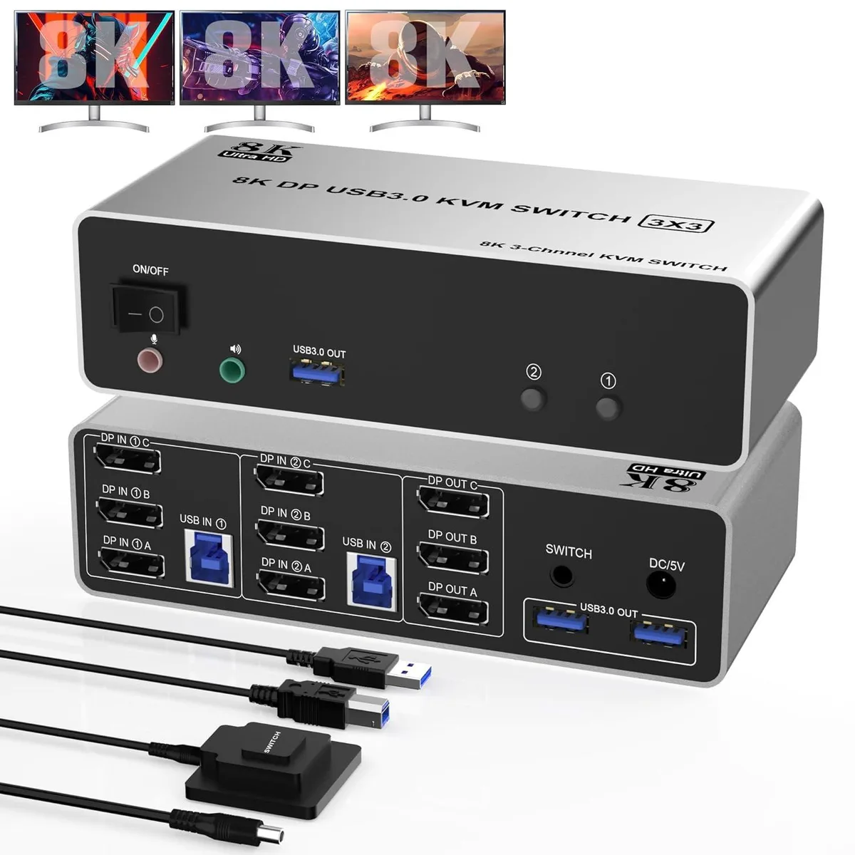 WRIARICH WRIARICH DP1.4 Triple Monitor KVM Switch 8K@60Hz 2PC 3DP USB3.0 Audio Wired Remote — product photo