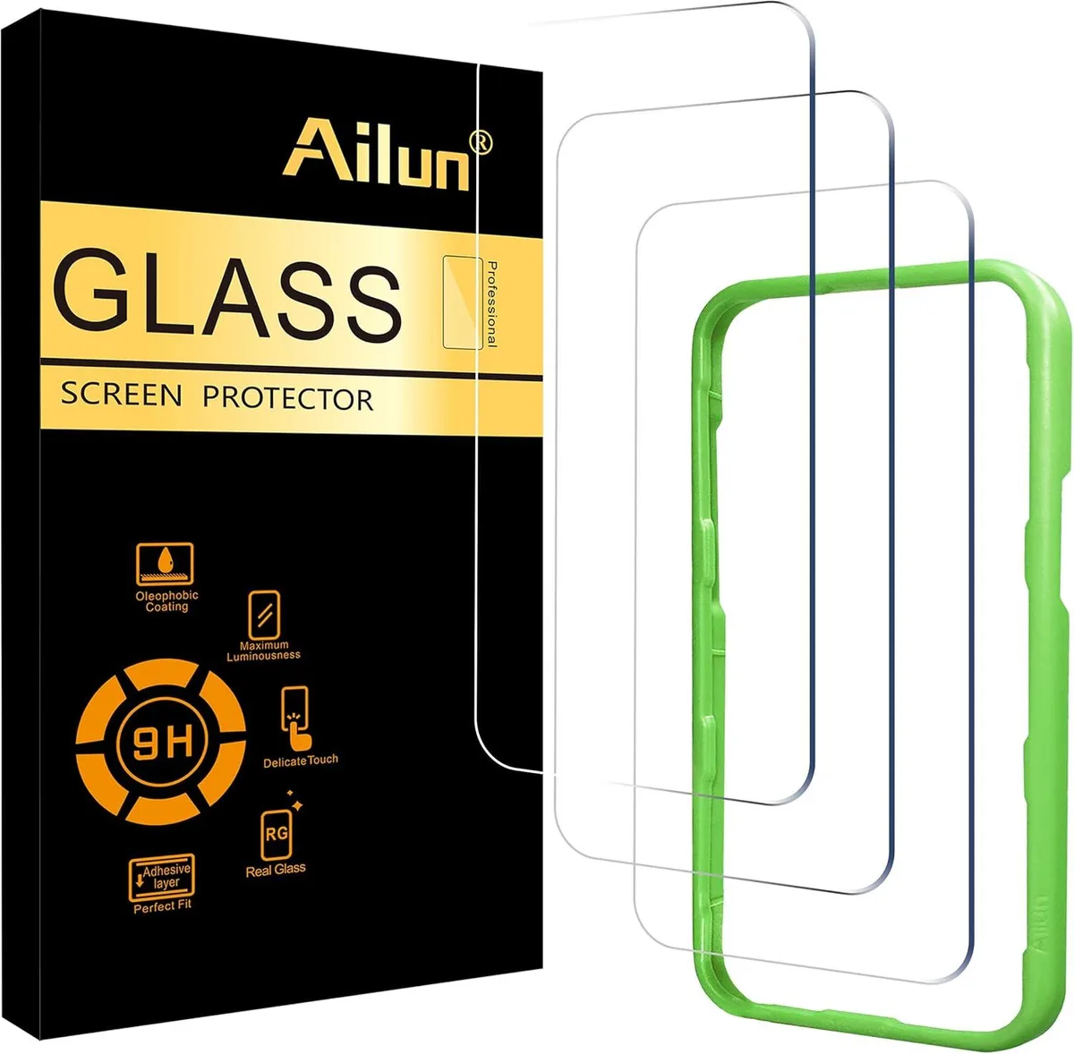 Three clear glass screen protectors with alignment frames for 6.3 inch iPhone models