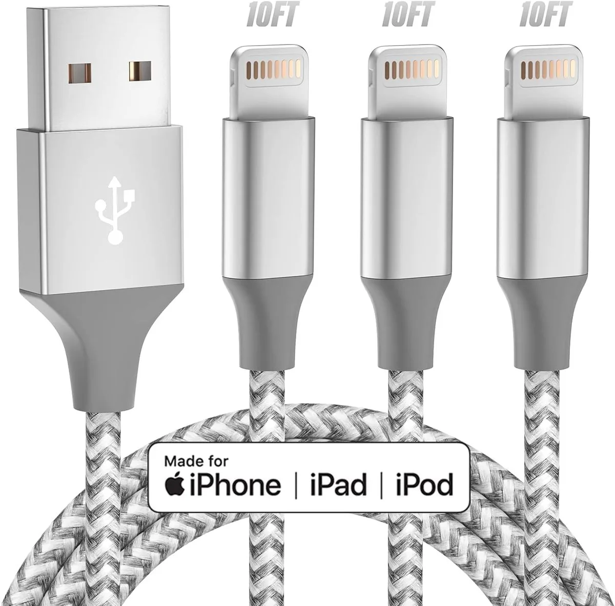 Three grey and white Lightning cables coiled together