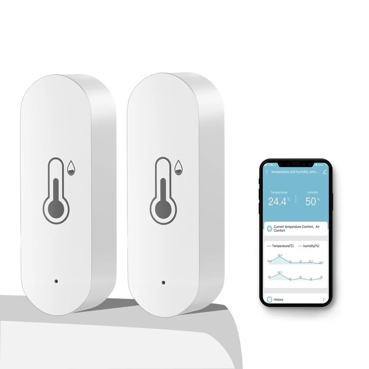 Two small white rectangular sensors with rounded corners, sitting side by side on a flat surface