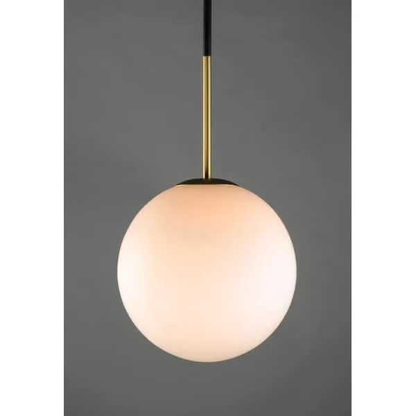 Single pendant light with satin brass tubing black accents and white glass globe