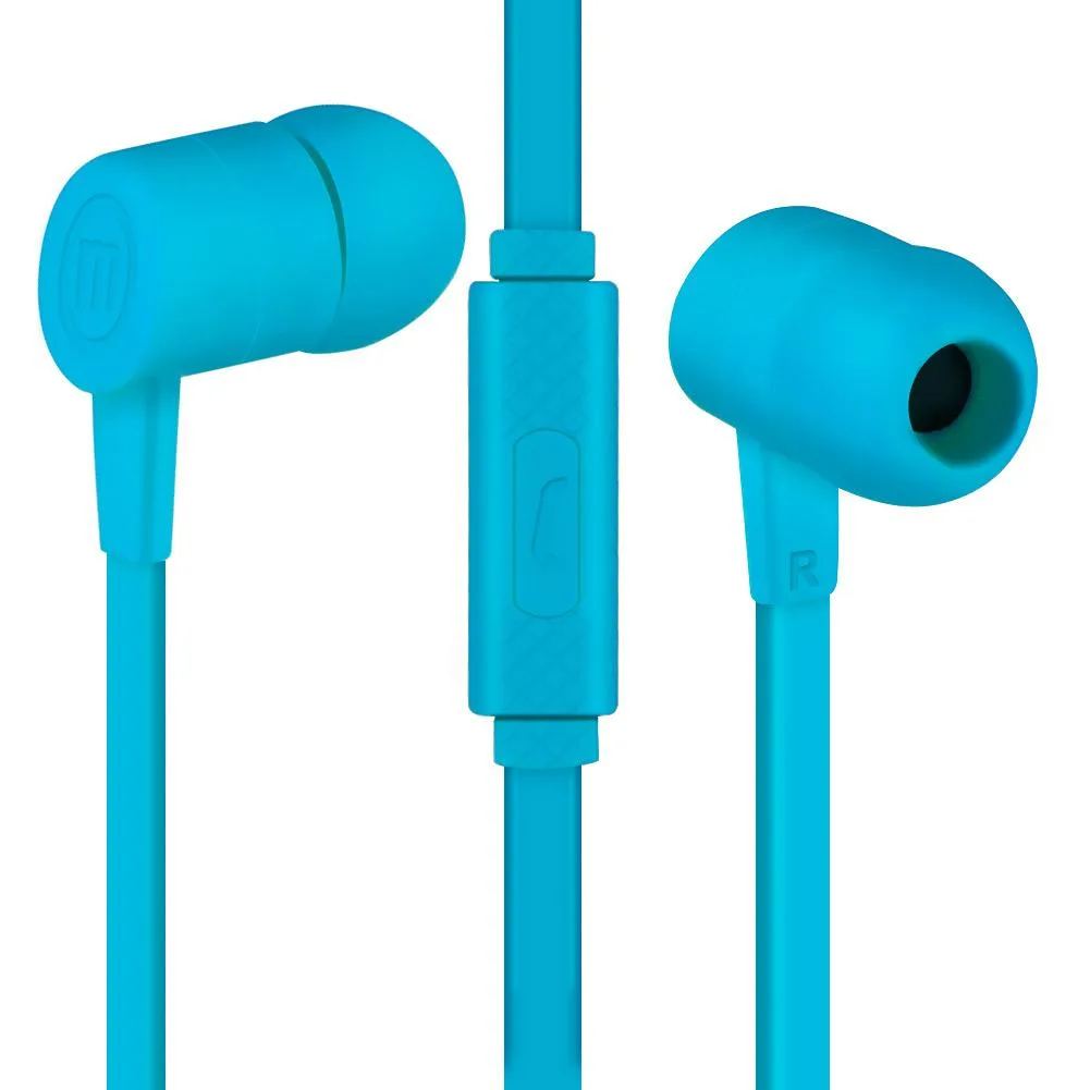 Azure blue in-ear earphones with flat cable and inline microphone remote