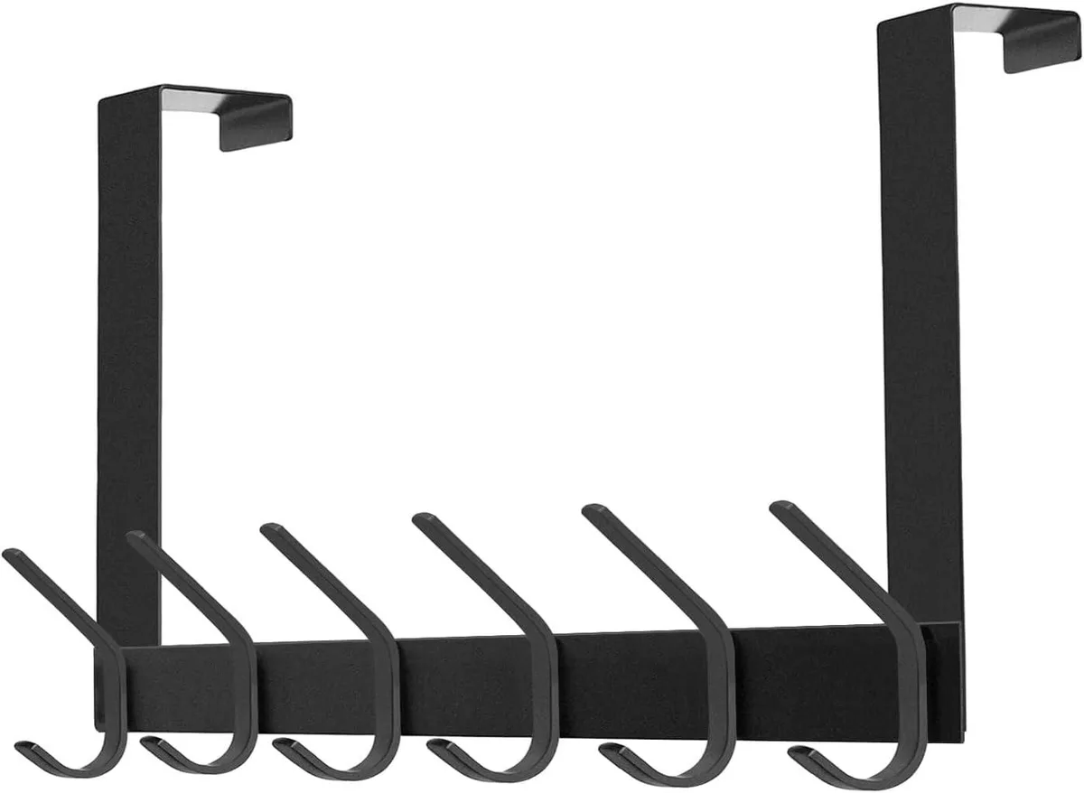 Matte black over-door hook rack with twelve hooks, sixteen inches wide