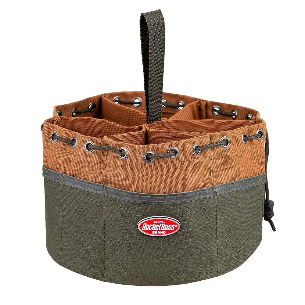 Brown canvas parachute bag with 19 pockets, 10 by 6.5 by 6.5 inches