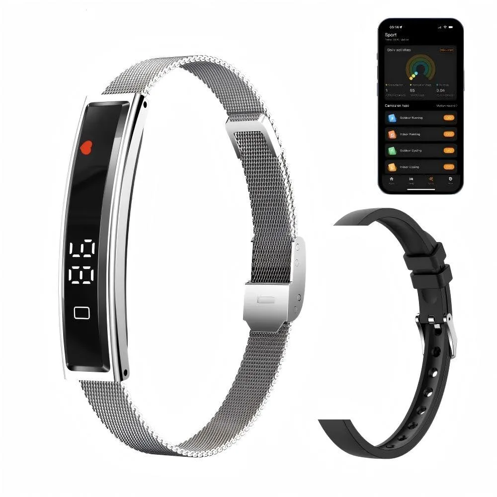 Silver HTC fitness tracker with 1.04 inch screen and black band