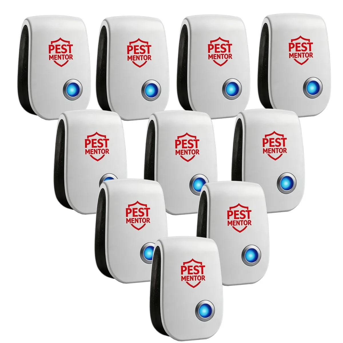 Ten white plug-in ultrasonic pest repellers with blue night lights