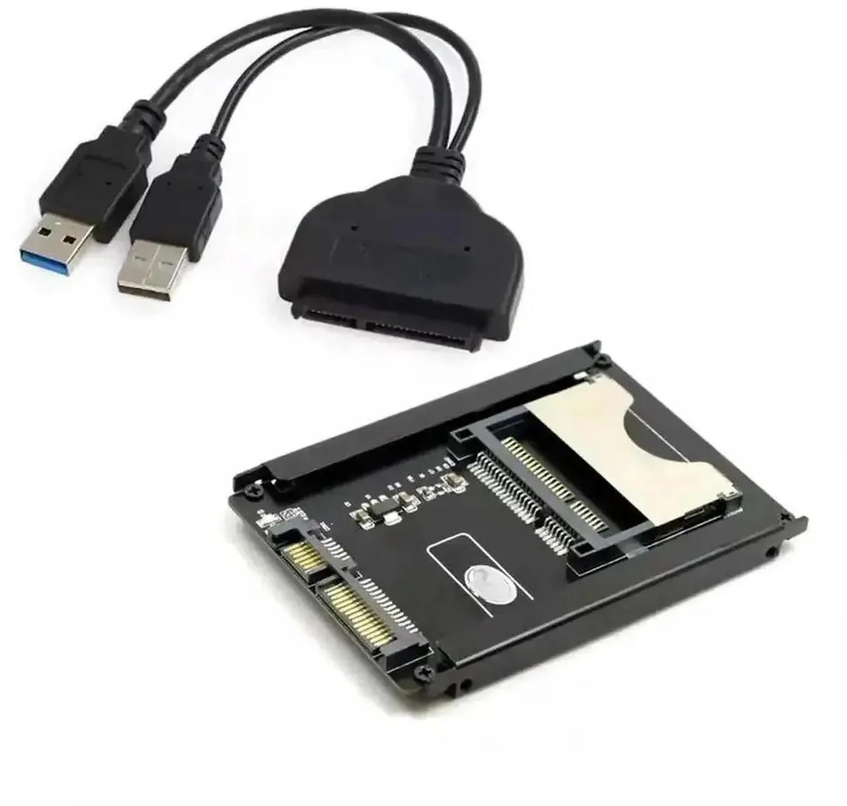 Compact desktop adapter card with CFast slot and SATA connector, matte black finish, USB 3.0 cable attached
