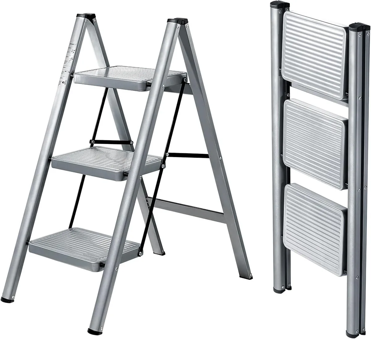Pearly grey three-step steel ladder folded to 1.9 inches thickness