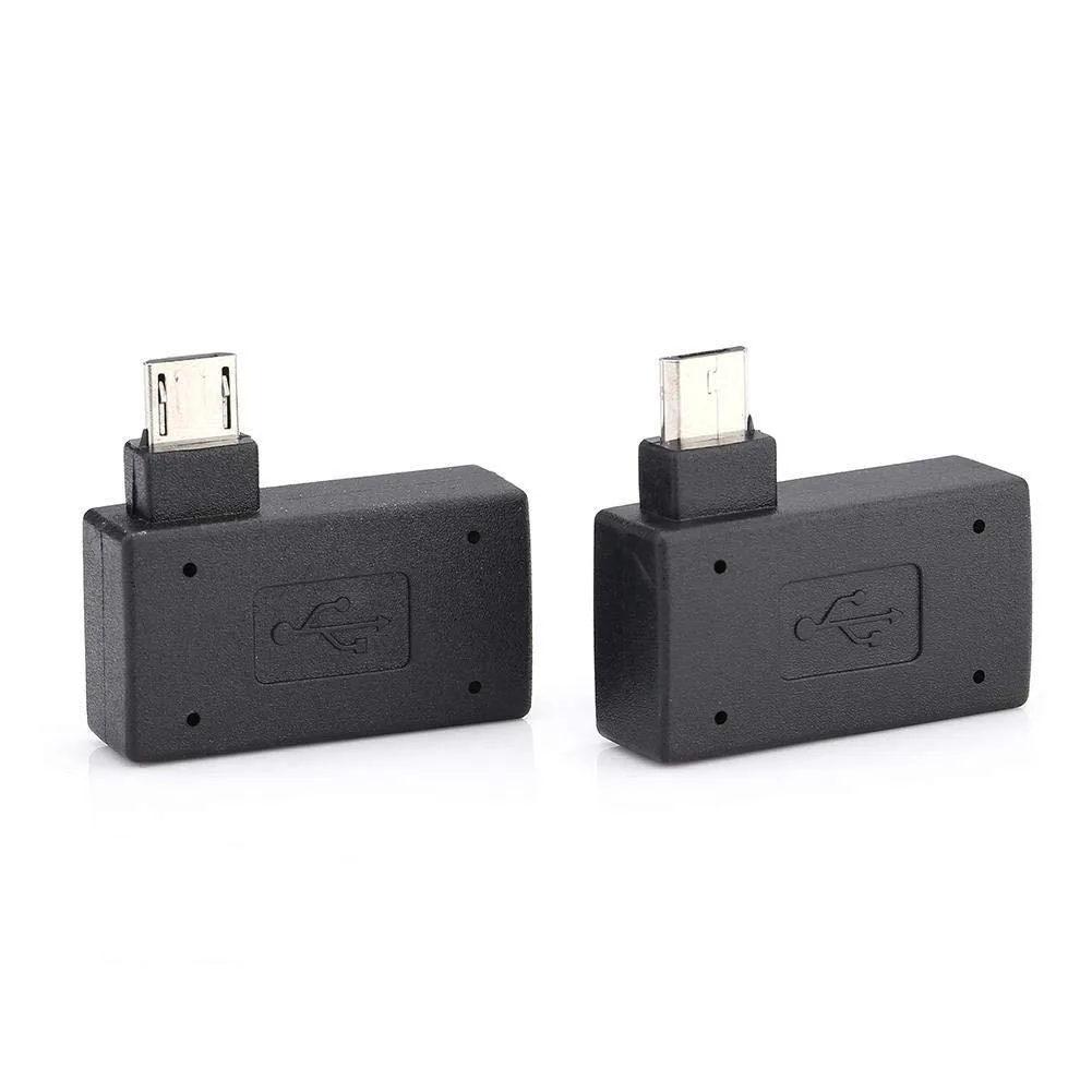 Two small black right-angle Micro USB OTG adapters, one left-facing and one right-facing