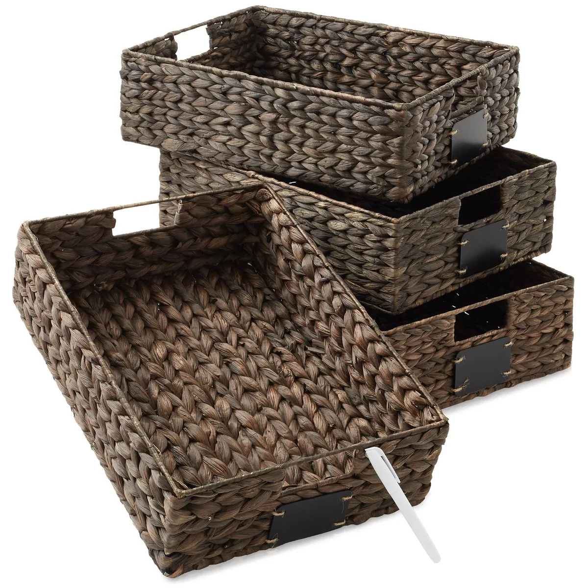 Casafield Casafield Set of 4 Water Hyacinth Pantry Baskets 12-1/2" x 17" x 5" with Chalkboard Labels Espresso — product photo