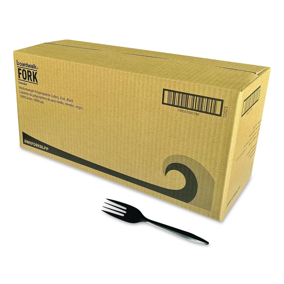 Black polypropylene disposable forks in bulk carton