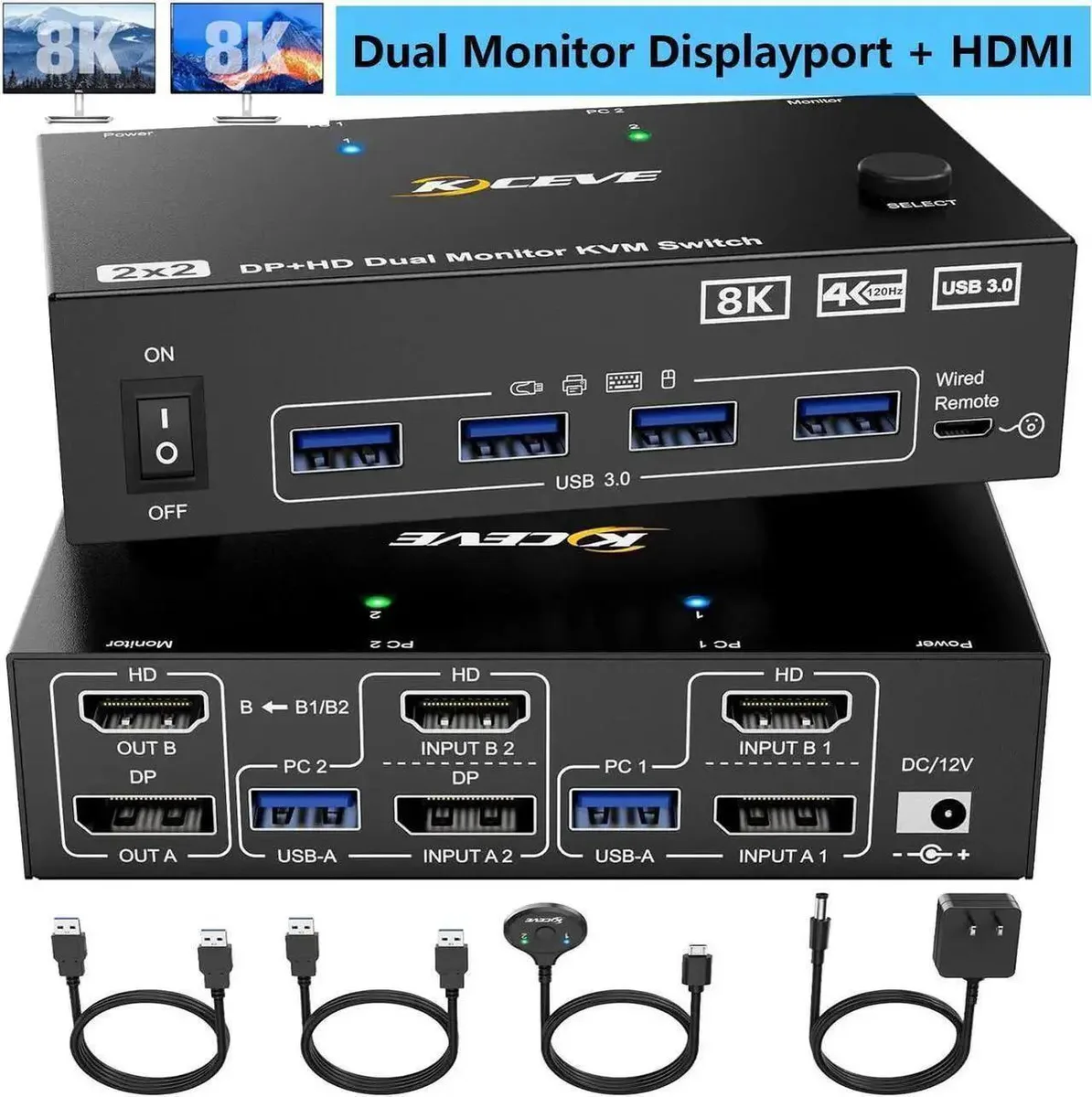 Vszerda Vszerda Dual-Monitor KVM Switch 2×HDMI+DP 8K 60Hz USB 3.0 — product photo