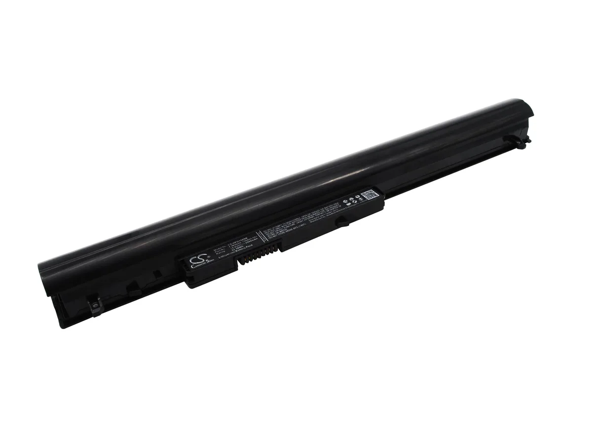 Rectangular black laptop battery with label and connector