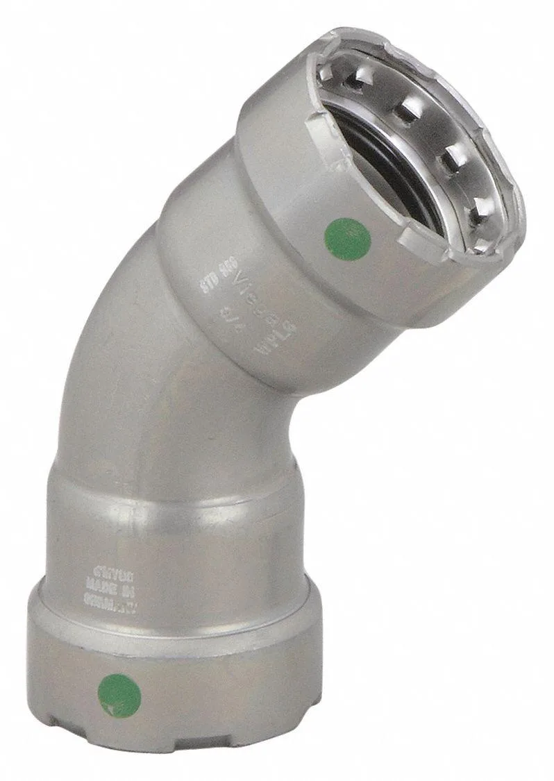 Small steel elbow fitting with zinc-nickel plated finish and two press-fit ends
