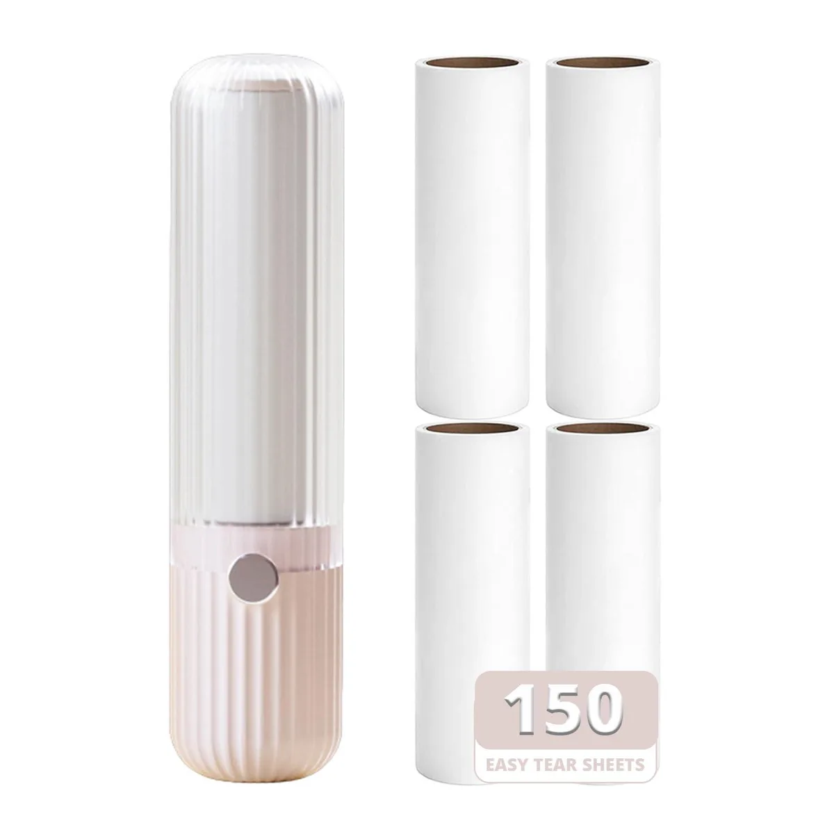 Pink plastic lint roller with detachable handle and four refill cartridges