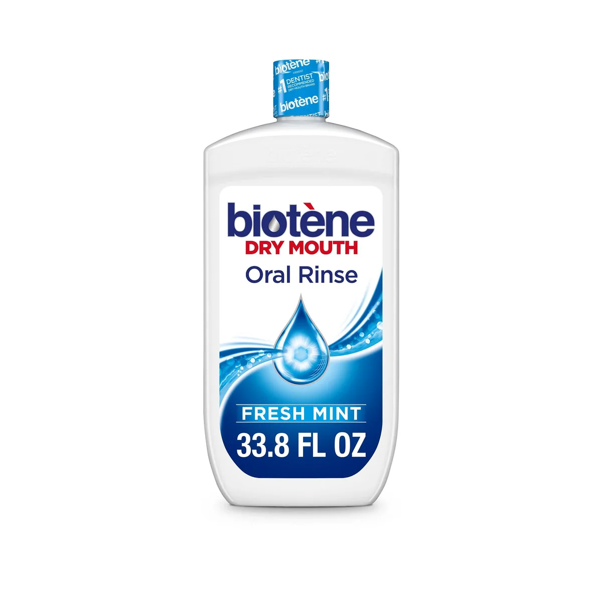 White rectangular plastic bottle with green cap, 33.8 fl oz Biotène mint mouthwash