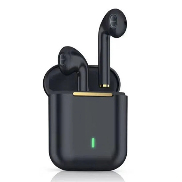 Black true wireless earbuds in a matching charging case