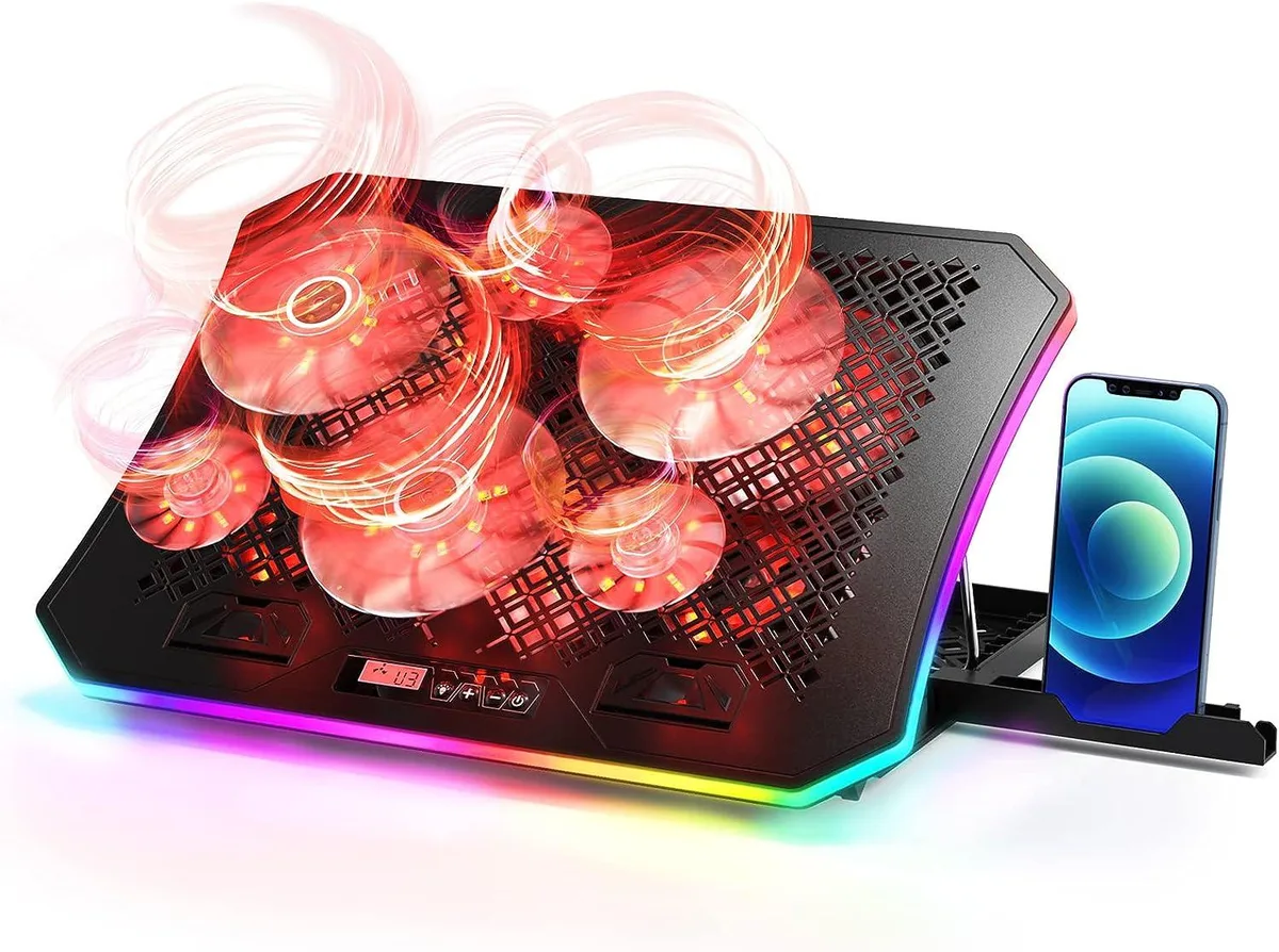 Red rectangular laptop cooling pad with metal mesh top, six fans, RGB light strip around the edge, LCD control panel, two USB ports