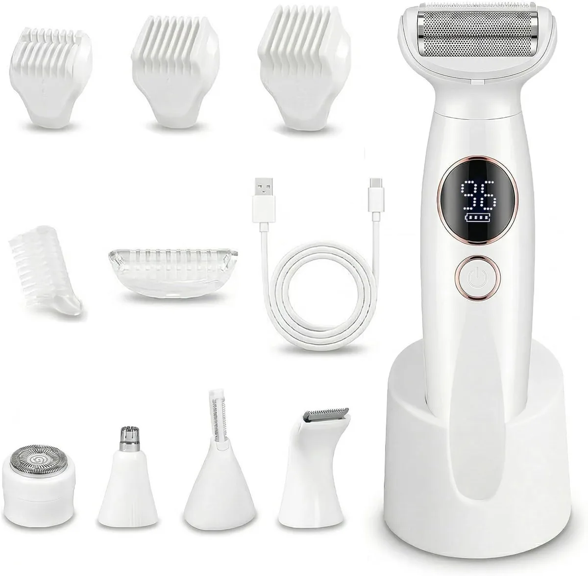 White electric shaver with charging dock and five interchangeable heads