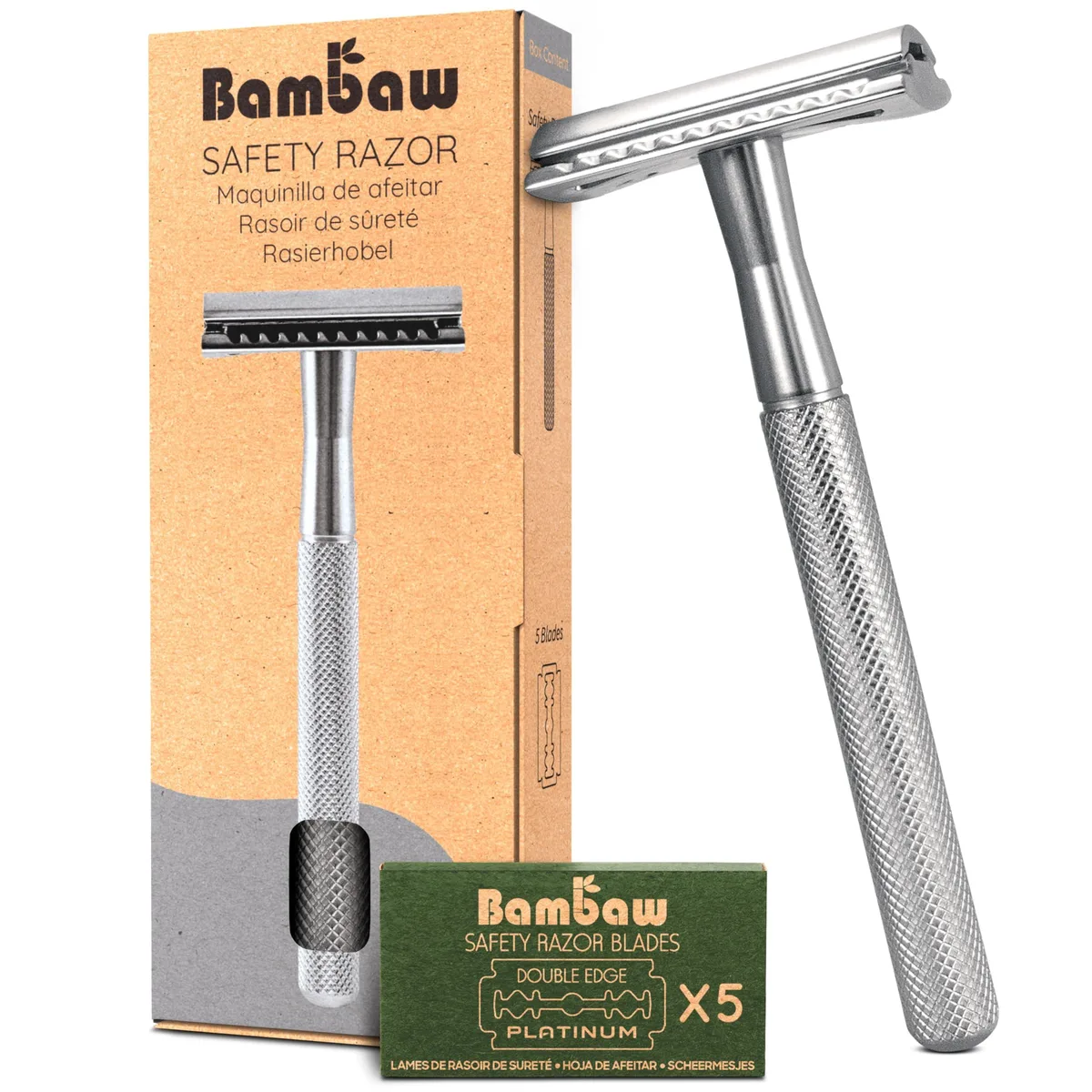 Black metal safety razor with five double-edge blades