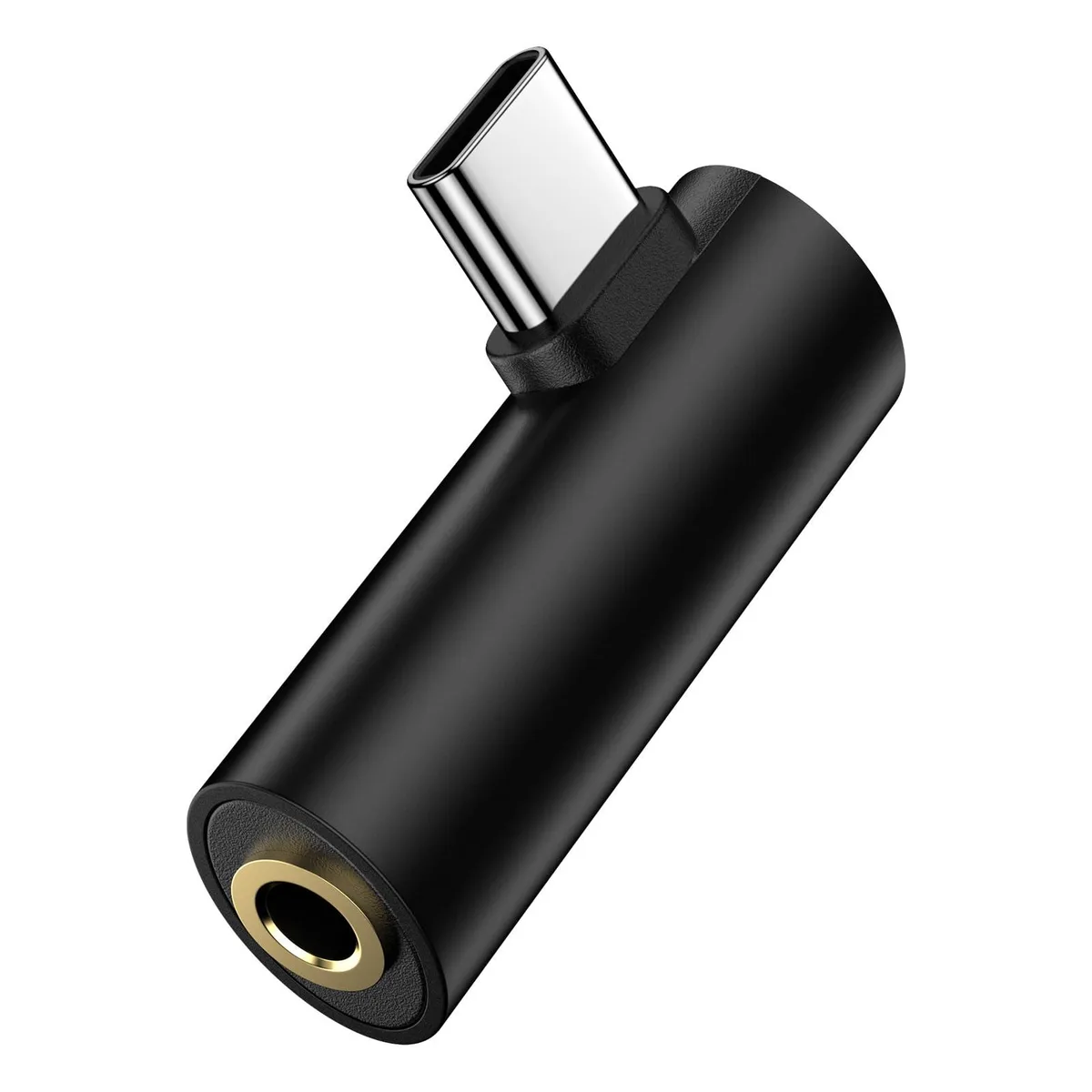 Black right-angle USB-C to 3.5mm audio adapter with L-shaped plug