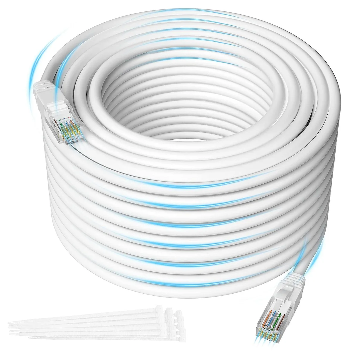 BFKK BFKK Cat 6 Ethernet Cable 150 ft White with 15 Cable Ties and RJ45 Coupler — product photo