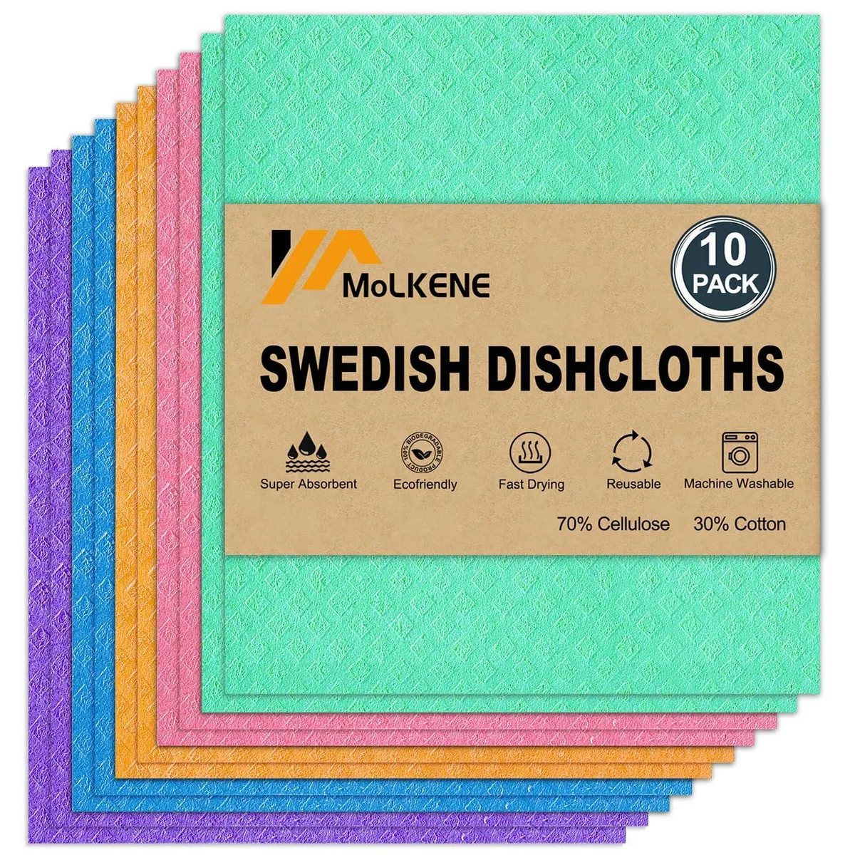 3M Swedish Dish Cloths 10 Pack 7.7 x 6.9 in 70% Cellulose 30% Cotton Assorted — product photo