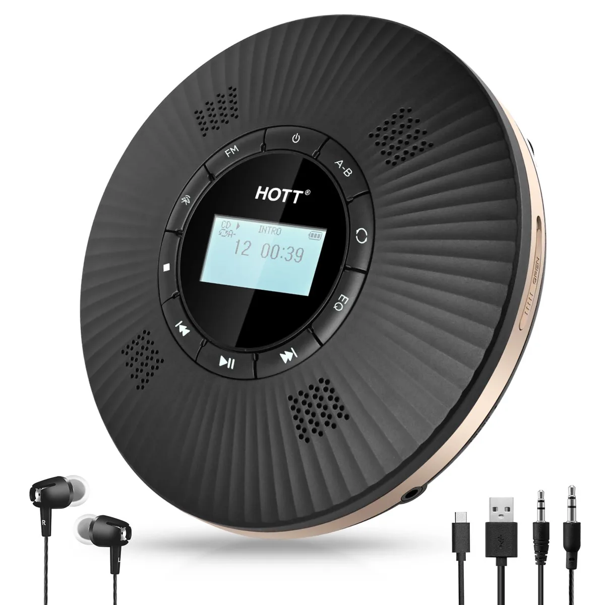  HOTT C228 Portable CD Player Bluetooth 5.3 4 Speakers 1800mAh Black — product photo