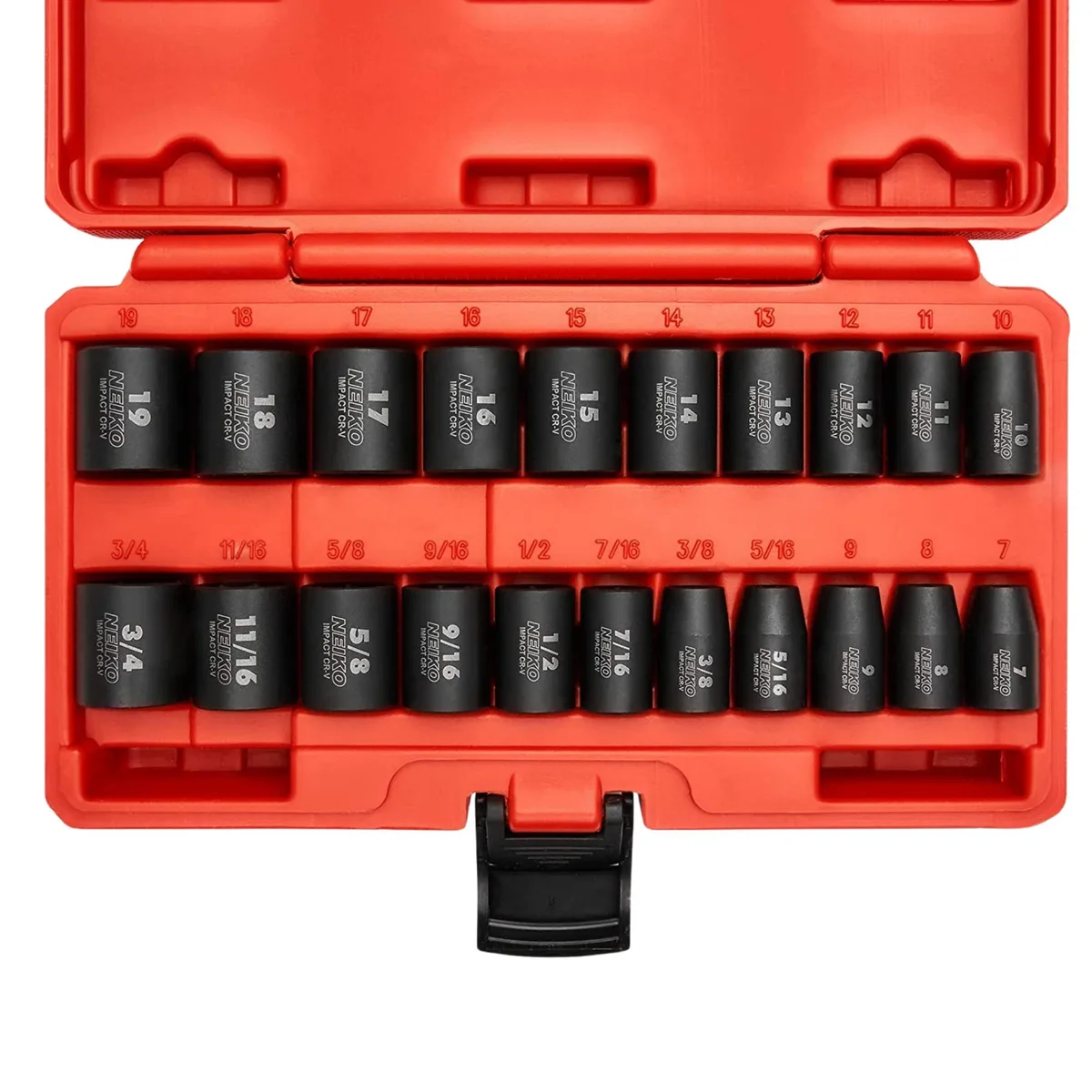 Red blow-moulded case holding 21 black phosphate 3/8 drive impact sockets