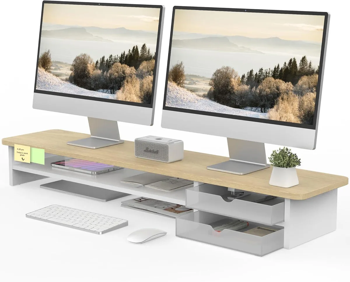 PISKEKAT PISKEKAT 42.5in Dual Monitor Riser 2-Tier Wood Acrylic 45kg — product photo