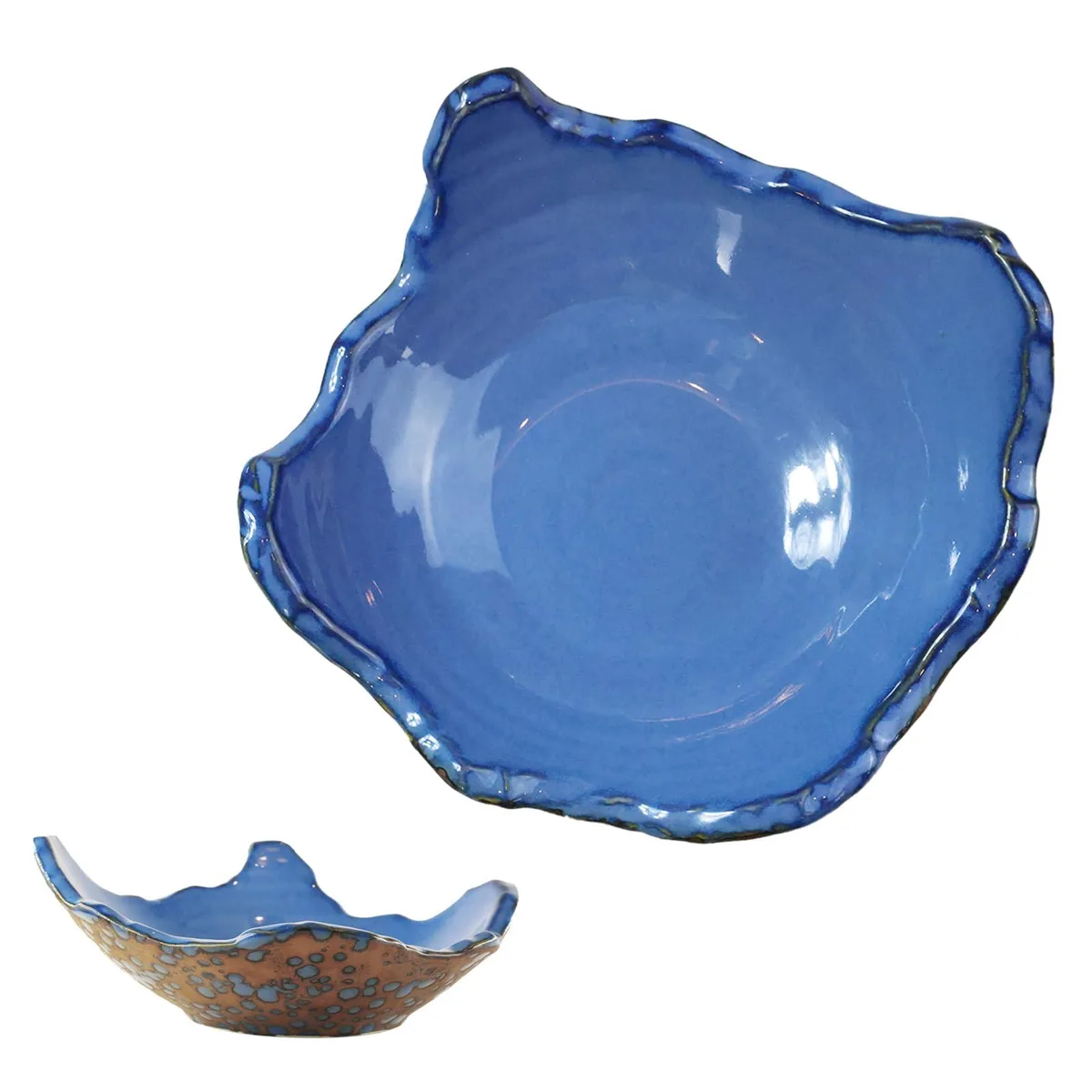 8-inch handmade ceramic bowl with irregular rim and reactive brown-red glaze