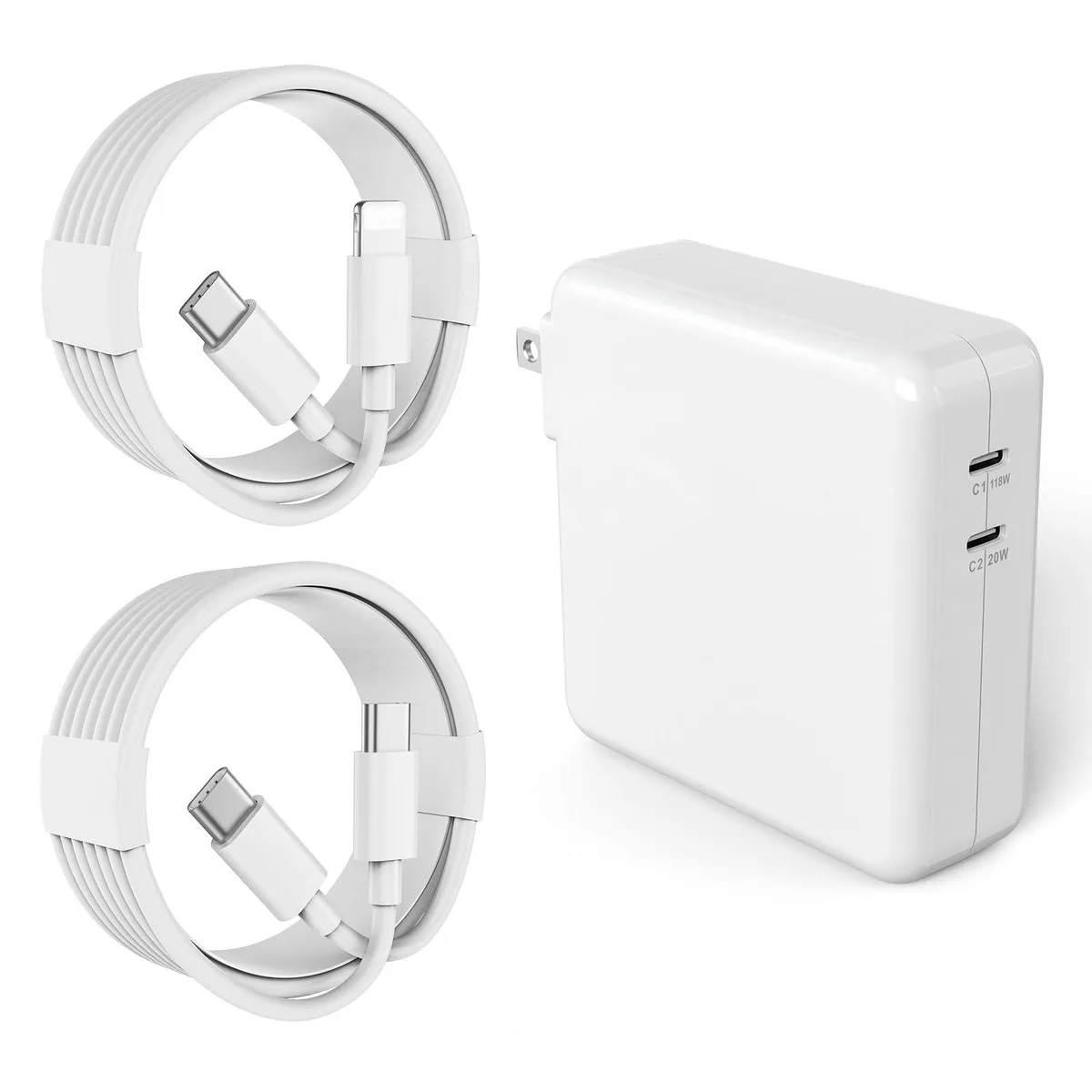White rectangular power brick with two USB-C ports and two cables attached