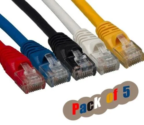Five short Cat6 patch cables in red white blue yellow black snagless boots 45
