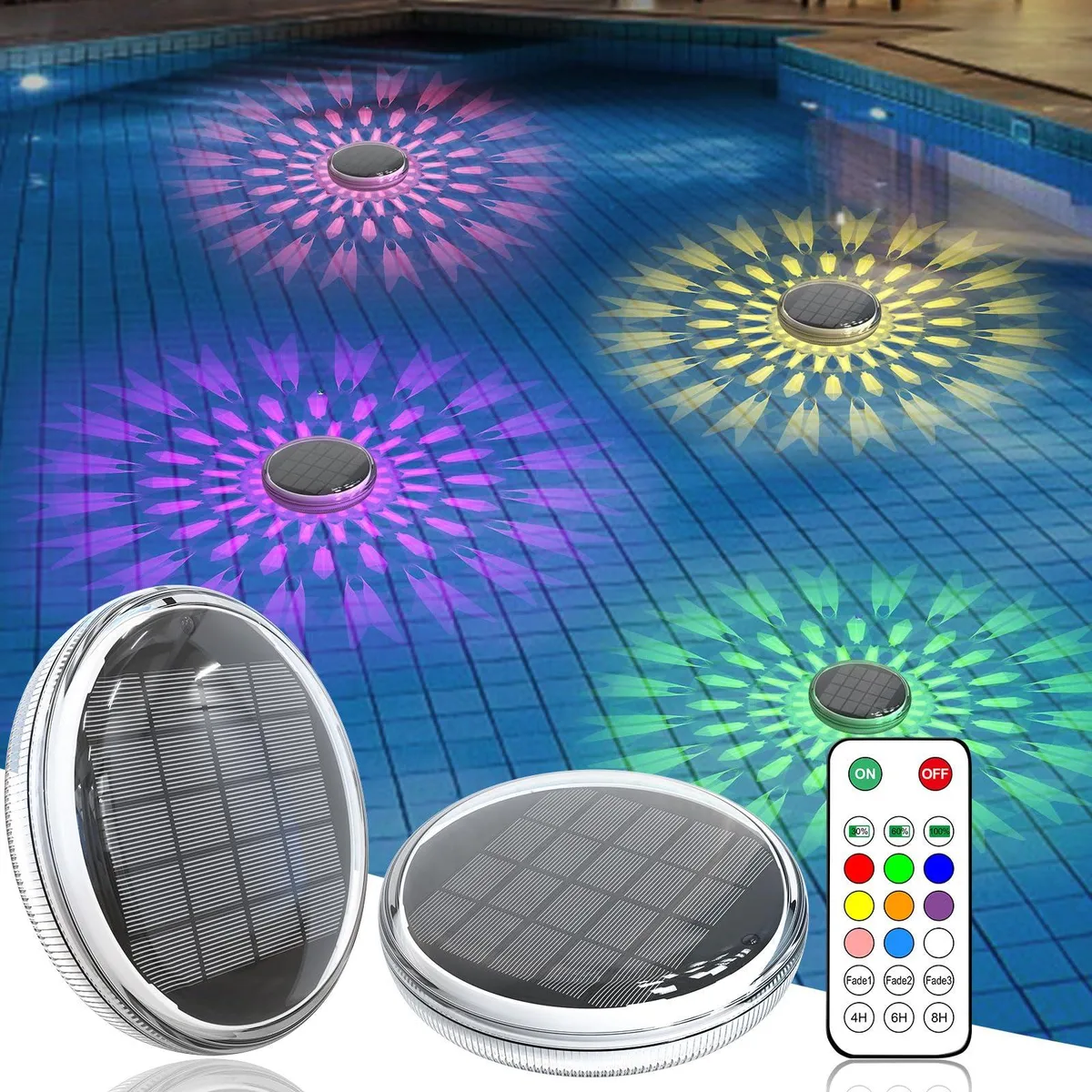 Two white floating solar lights with clear prismatic tops