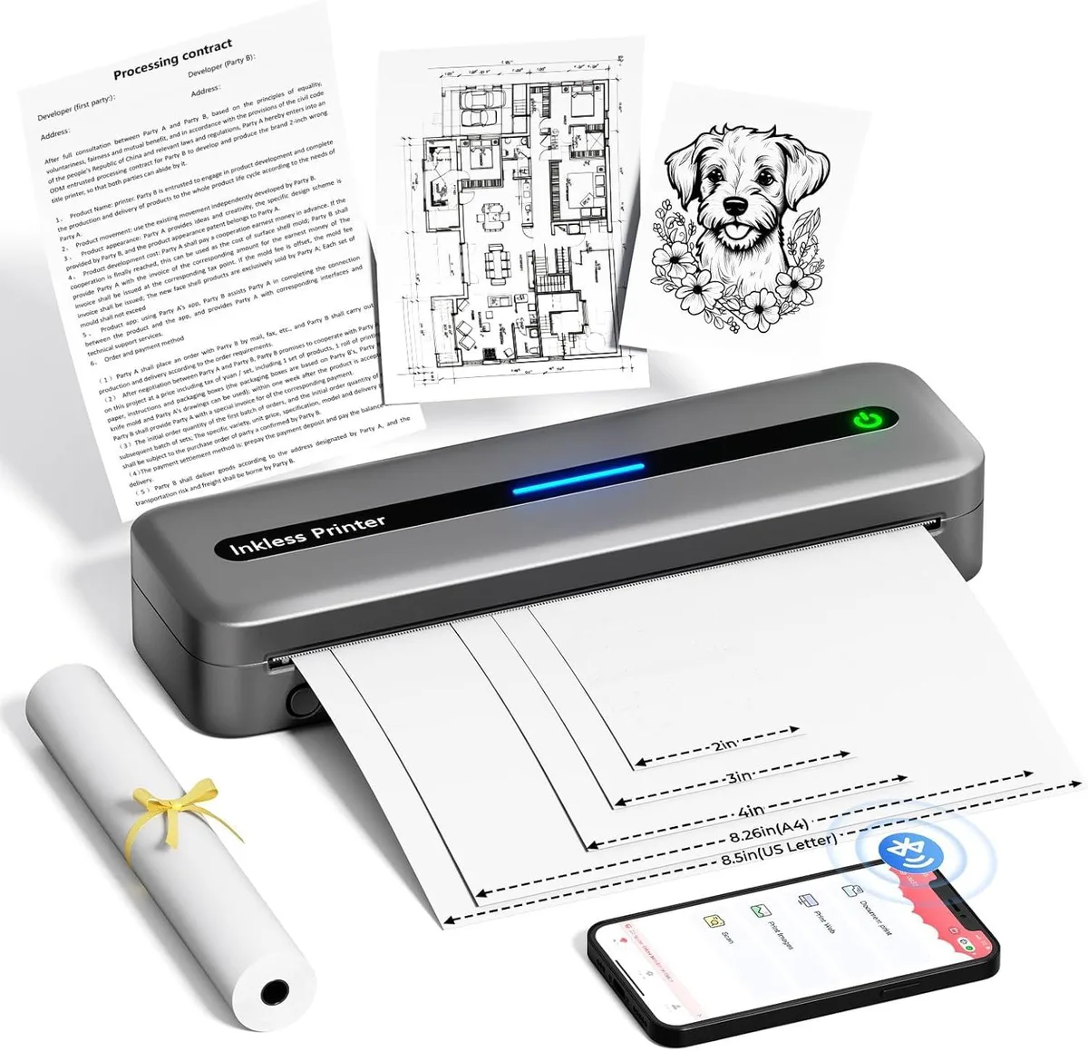 Compact grey thermal receipt printer with built-in paper bin and Bluetooth