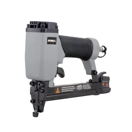 Silver pneumatic fine-wire stapler with black comfort grip and safety tip