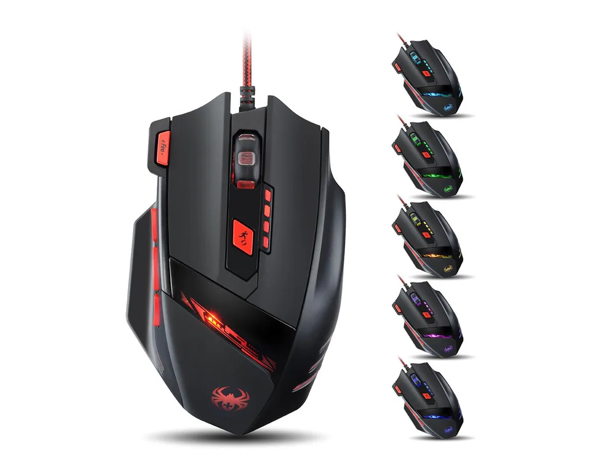 Black right-handed wired gaming mouse with 8 buttons, adjustable weights and RGB lighting
