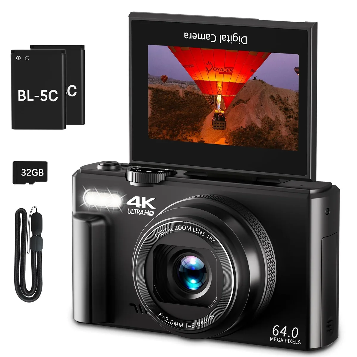 VJIANGER W08 64MP 4K professional camcorder 18X zoom 3" flip screen Black — product photo